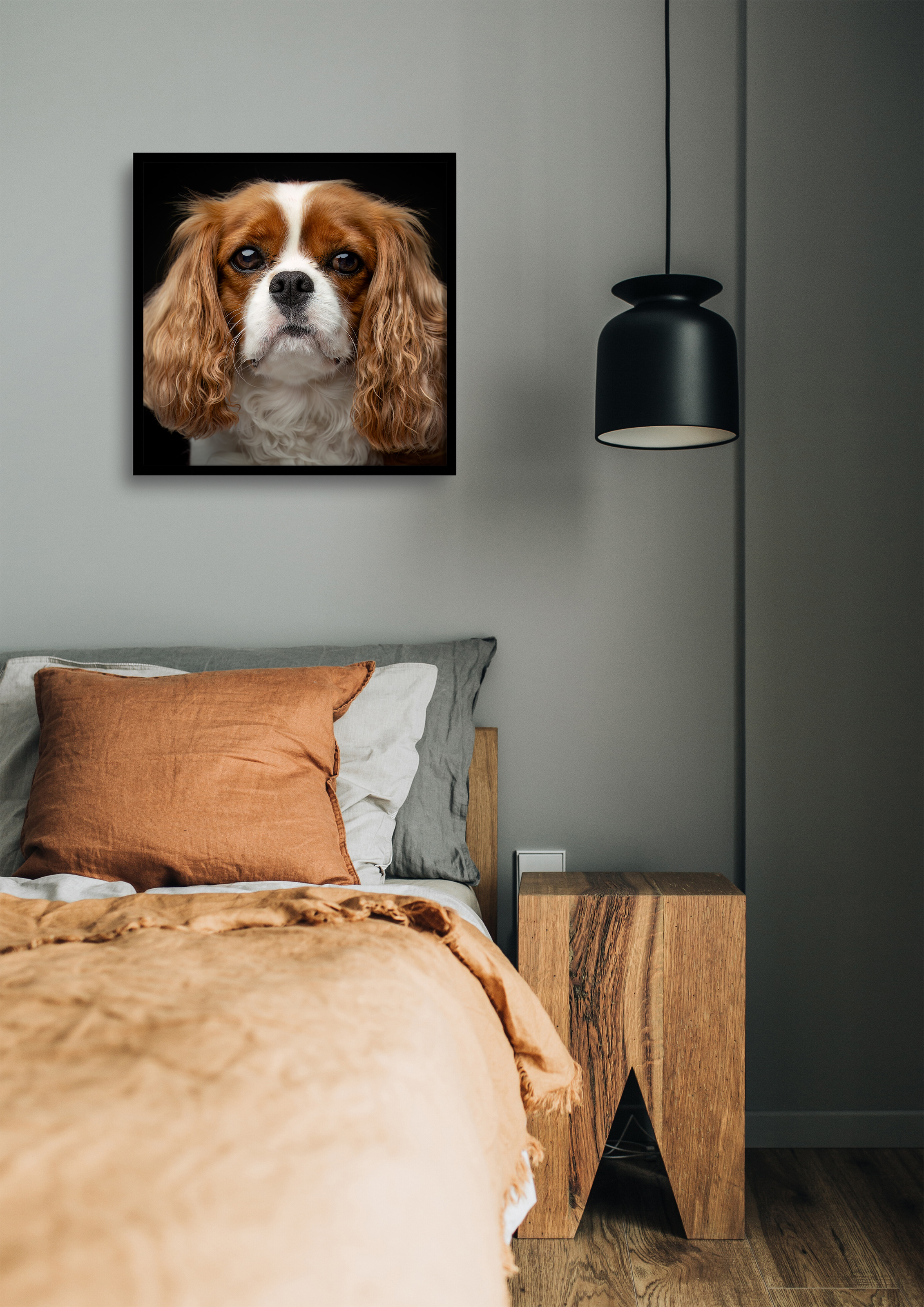 A Boop Photo dog portrait displayed in a bedroom