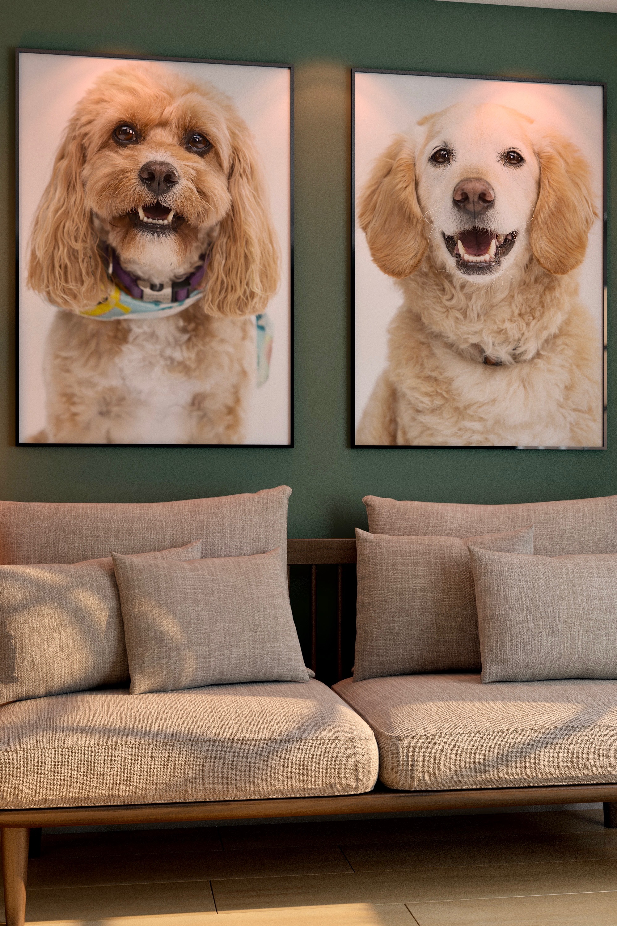 Two Boop Photo dog portraits displayed above a sofa